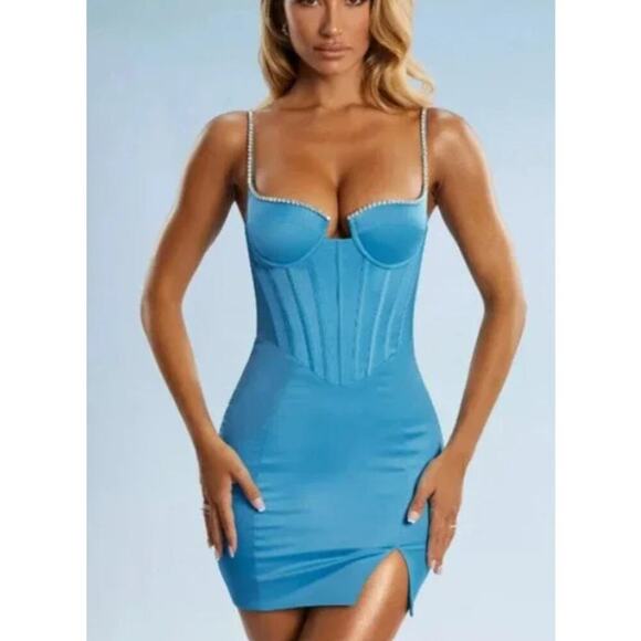 Oh Polly Blue Maeve Corset Crystal Trim Mini Dress 22196 Size 8 NWT - Picture 1 of 9
